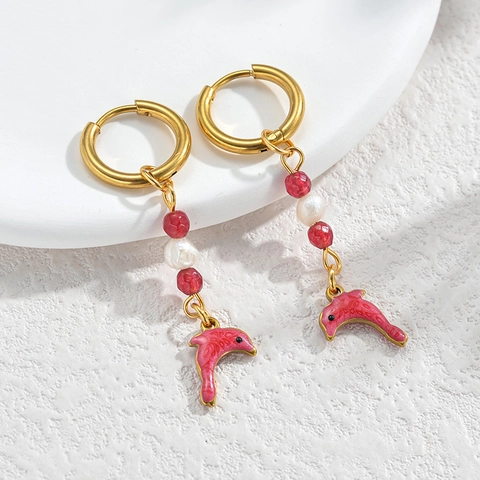Stainless Steel Beaded Dolphin Hoop Earrings For Women Marine Style Enamel Animal Dangle Earrings Luxury Gold Plated Jewelry