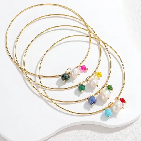 Brazalete Minimalista de Acero Inoxidable para Mujer Colgante de Perla Artificial y Piedra Natural Chapado en Oro Joyería