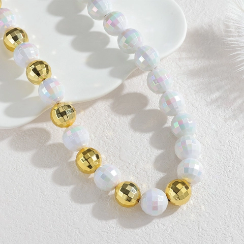 Collana a Perline da Donna in Acciaio Inossidabile 304 Bianco Iridescente Oro Perline Sfaccettate Catena Lunga per Maglione