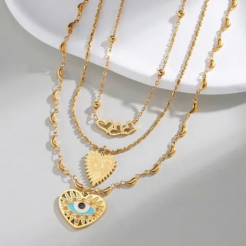 Collana Multistrato in Acciaio Inossidabile 304 Ciondolo Cuore Malocchio Placcato Oro Stile Boho Gioielli Donna