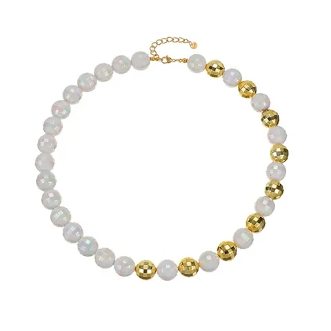 Collana a Perline da Donna in Acciaio Inossidabile 304 Bianco Iridescente Oro Perline Sfaccettate Catena Lunga per Maglione