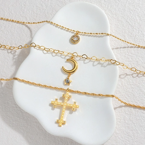 Bohemian 304 Stainless Steel Multi-Layered Stacked Necklace For Women Gold Plated Star Moon Cross Pendant Rhinestone