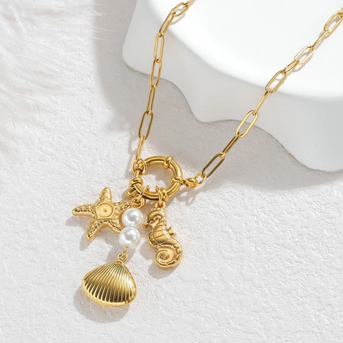 Collier Pendentif Marine en Acier Inoxydable 304 de Luxe pour Femmes Plaqué Or Hippocampe Étoile de Mer Coquillage Bijoux en Perles Artificielles