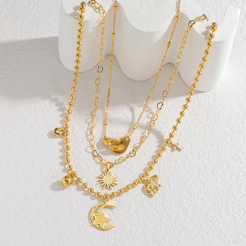 Bohemian 304 Stainless Steel Multi-Layered Stacked Necklace For Women Gold Plated Star Moon Cross Pendant Rhinestone