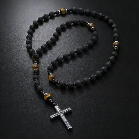 Natural Lava Stone Tiger Eye Beaded Cross Necklace For Men Religious Rosary Pendant Copper Jewelry Vintage Amulet Gift