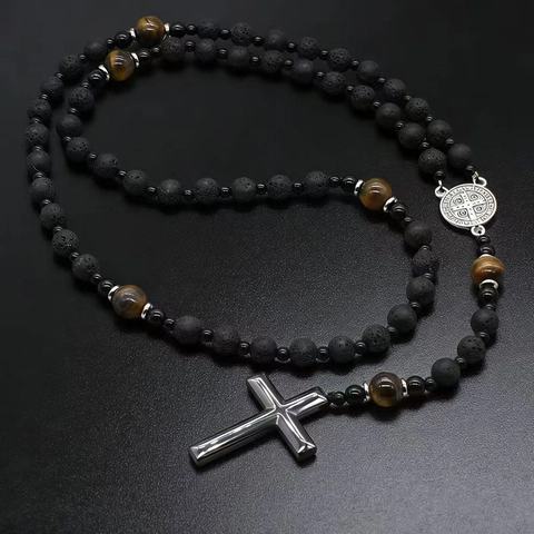 Natural Lava Stone Tiger Eye Beaded Cross Necklace For Men Religious Rosary Pendant Copper Jewelry Vintage Amulet Gift