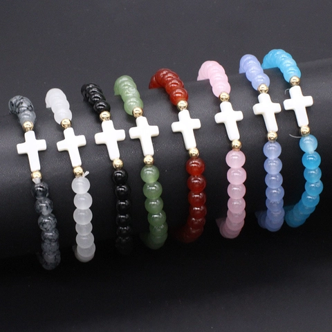 Fashion Elastic Beaded Bracelet Glass Beads Cross Charm Bracelet Shell Cross Pendant Copper Spacers Jewelry For Women