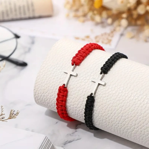 Hand-Woven Adjustable Cross Pendant Bracelet Alloy Yarn Minimalist Religious Men Women Wristband Jewelry Gift