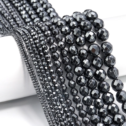Facettierte Hämatit Perlen Naturstein Lose Perlen Für DIY Schmuckherstellung Metallischer Glanz Runde Perlen Strang Zubehör