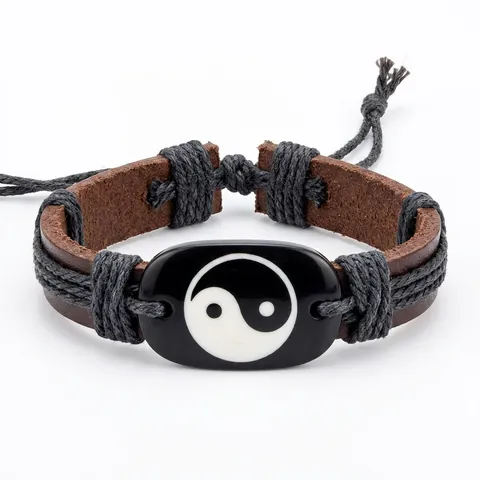 Bracciale Vintage in Pelle Fatto a Mano Tai Chi Yin Yang per Uomo Donna Stile Etnico Cinturino Regolabile in Corda di Cera Intrecciata