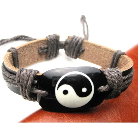 Bracciale Vintage in Pelle Fatto a Mano Tai Chi Yin Yang per Uomo Donna Stile Etnico Cinturino Regolabile in Corda di Cera Intrecciata