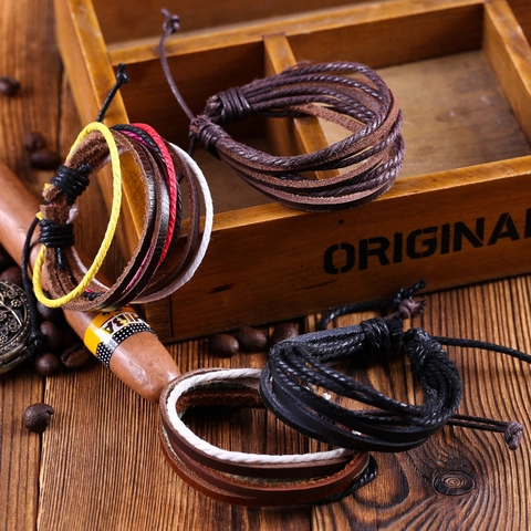 Vintage Multi-layer Cowhide Leather Woven Rope Bracelet For Men Women Handmade Adjustable Geometric Wrap Bracelet Jewelry Gift