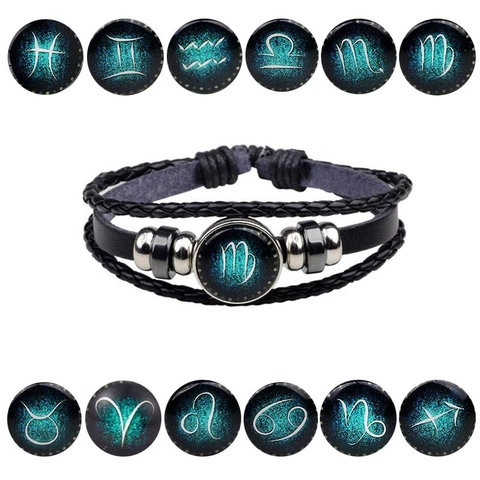 12 Constellations Luminous Multilayer Woven Leather Bracelet For Men Women Vintage Punk Starry Sky Glass Cabochon Alloy Jewelry Gift