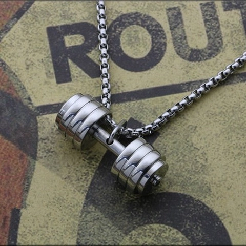 Hip Hop Titanium Steel Dumbbell Barbell Pendant Necklace Fitness Sport Jewelry Gift For Men Women Long Box Chain Necklace