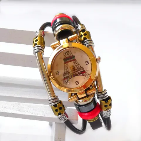 Vintage Mehrlagige Legierung Armbanduhr Eiffelturm Muster Handgefertigte Quarzuhr Boho Schmuck Geschenk Für Damen