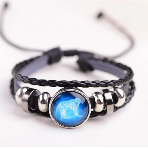 Vintage Punk Meerlaagse Gevlochten Rundleer Armband Chinese Dierenriem Lichtgevend Glas Charm Verstelbare Kralen Sieraden