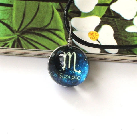 Starry Sky Luminous Twelve Zodiac Sign Glass Ball Pendant Necklace Handmade Deep Blue Galaxy Birthday Gift For Women Men