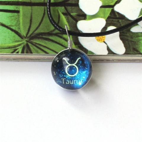 Starry Sky Luminous Twelve Zodiac Sign Glass Ball Pendant Necklace Handmade Deep Blue Galaxy Birthday Gift For Women Men