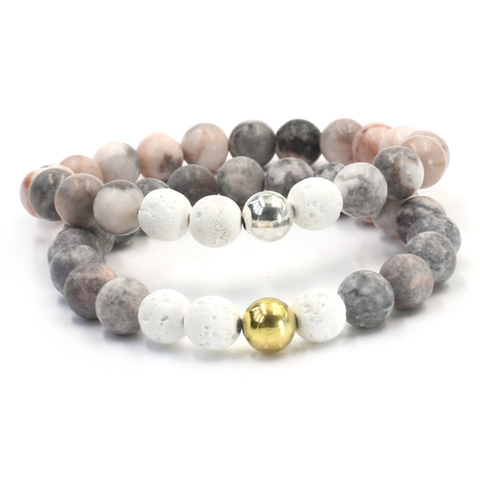 Natural Amber Pink Zebra Jasper Lava Stone Beaded Bracelet Unisex Electroplated Round Metal Bead Yoga Energy Jewelry