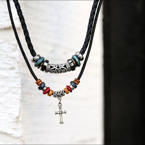 Retro Nautisch Legering Anker Hanger Ketting Voor Heren Dames Hout Hematiet Kralen Gevlochten Touw Etnische Sieraden