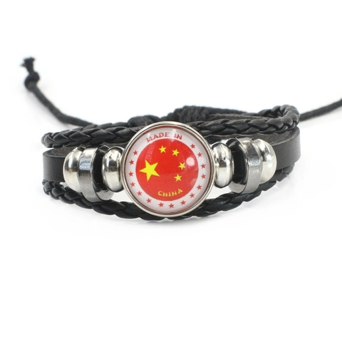 Bracelet en Cuir Tressé Multicouche Fait à la Main Avec Perles en Alliage de Verre Motif Thème Patriotique Chine Bijoux Homme Femme