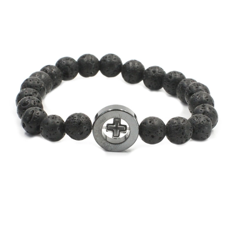 Natürliches Lavastein Kreuz Perlenarmband Für Damen Herren Magnetit Punk Religiöser Schmuck Elastisches Handgemachtes Armband