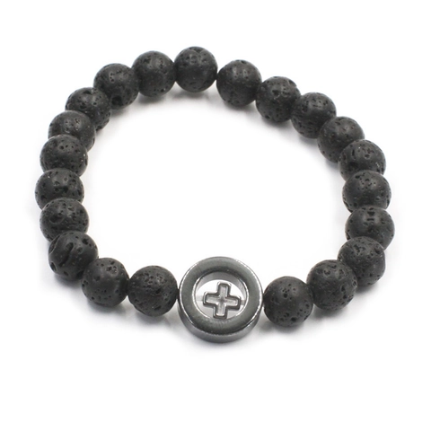 Natürliches Lavastein Kreuz Perlenarmband Für Damen Herren Magnetit Punk Religiöser Schmuck Elastisches Handgemachtes Armband
