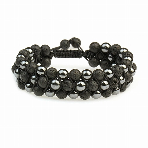 Bracciale Intrecciato a Mano in Pietra Lavica ed Ematite a Tre Strati Bracciale di Perline in Pietra Naturale Regolabile Unisex