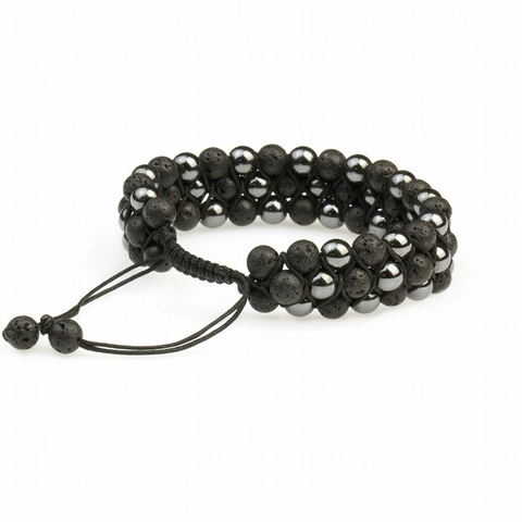 Bracciale Intrecciato a Mano in Pietra Lavica ed Ematite a Tre Strati Bracciale di Perline in Pietra Naturale Regolabile Unisex