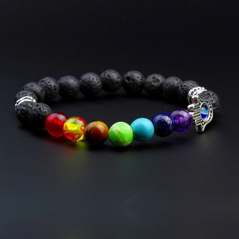 7 Chakra Hand Van Fatima Boze Oog Kralenarmband Natuurlijke Lavasteen Helende Energie Elastische Yoga Armband Voor Dames Heren Spirituele Sieraden Cadeau