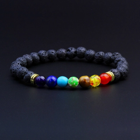 Pulsera de Cuentas de Piedra de Lava Volcánica Natural Con Cuentas de Energía de 7 Chakras Separador de Aleación Pulsera Yoga Hombre