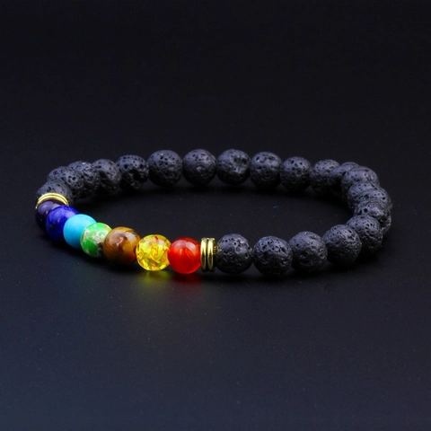 Pulsera de Cuentas de Piedra de Lava Volcánica Natural Con Cuentas de Energía de 7 Chakras Separador de Aleación Pulsera Yoga Hombre