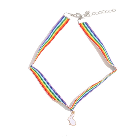 Cute Rainbow Ribbon Choker Necklace For Women Girls Alloy Enamel Smile Rabbit Carrot Pendant Adjustable Colorful Jewelry Accessory