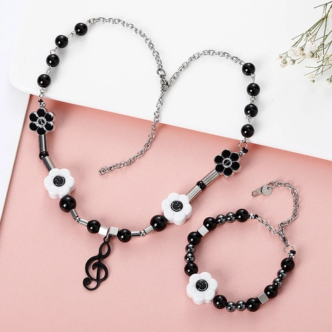 Hip Hop Treble Clef Pendant Beaded Necklace And Bracelet Black White Smile Flower Acrylic Titanium Steel Streetwear Jewelry For Men Women