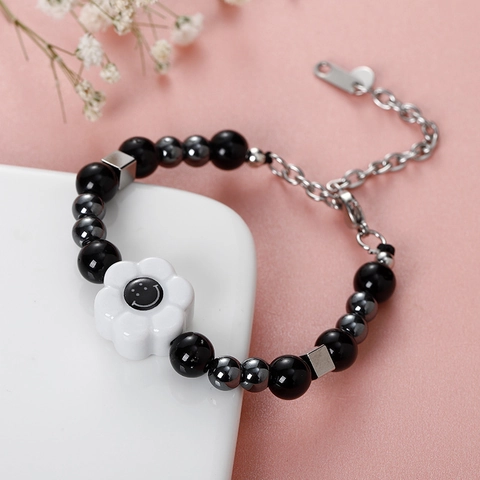 Hip Hop Treble Clef Pendant Beaded Necklace And Bracelet Black White Smile Flower Acrylic Titanium Steel Streetwear Jewelry For Men Women