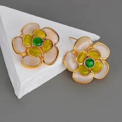 Orecchini a Bottone 3D Vintage a Forma di Fiore Placcati in Oro 18K Acciaio Inossidabile Pietra Occhio di Gatto Gioielli Floreali per Donna