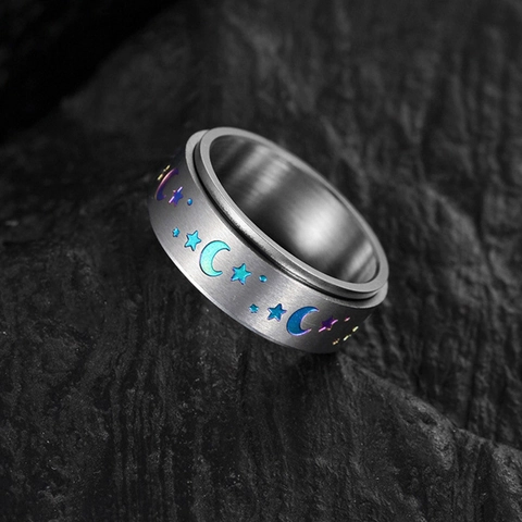 Edelstahl Stern Mond Spinner Ring Stressabbau Drehbarer Band Regenbogen Farbverlauf Angst Himmlischer Unisex Modeschmuck