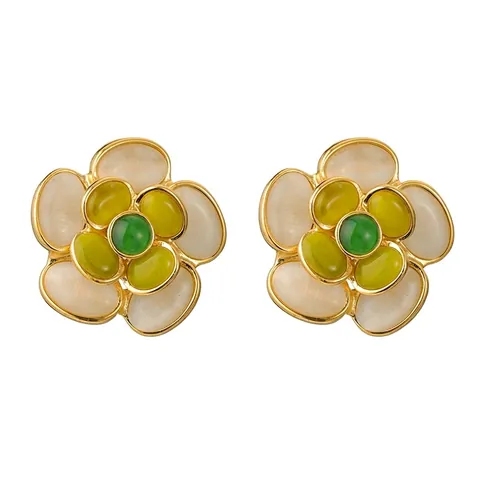 Orecchini a Bottone 3D Vintage a Forma di Fiore Placcati in Oro 18K Acciaio Inossidabile Pietra Occhio di Gatto Gioielli Floreali per Donna