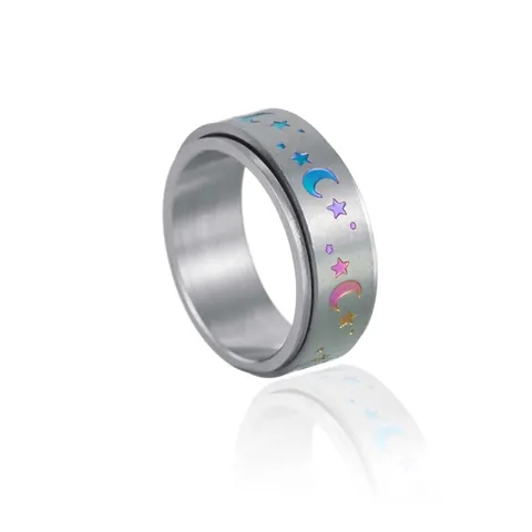 Edelstahl Stern Mond Spinner Ring Stressabbau Drehbarer Band Regenbogen Farbverlauf Angst Himmlischer Unisex Modeschmuck