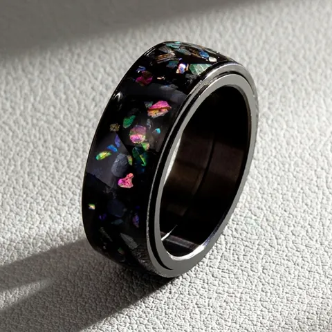 Stainless Steel Rotatable Spinner Ring For Men Women Black Colorful Abalone Shell Inlay Geometric Fashion Finger Ring