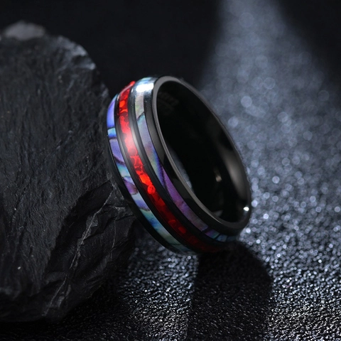 Anillo Vintage Hombre de Acero Inoxidable Con Incrustación de Concha de Abulón y Fibra de Carbono Joyería
