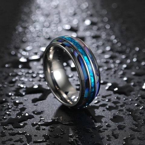 Anillo Vintage Hombre de Acero Inoxidable Con Incrustación de Concha de Abulón y Fibra de Carbono Joyería