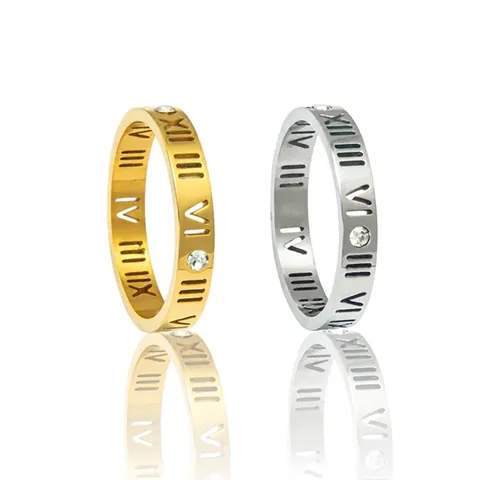 Mode Edelstahl Ring Mit Durchbrochenen Römischen Zahlen Und Strass Gold Silber Plattiert Unisex Schmuck