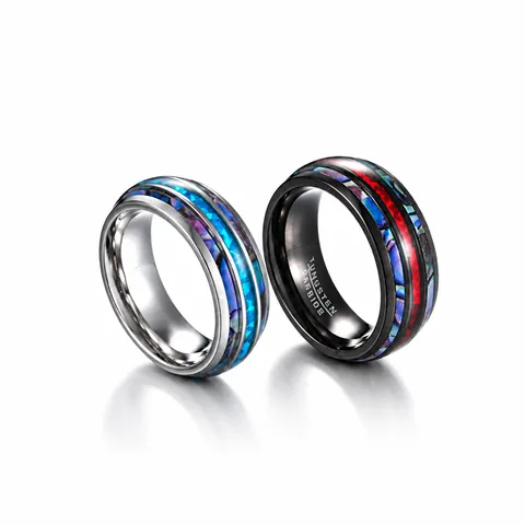 Bague Homme Vintage en Acier Inoxydable Avec Incrustation de Coquille d'Abalone et Fibre de Carbone Bijoux