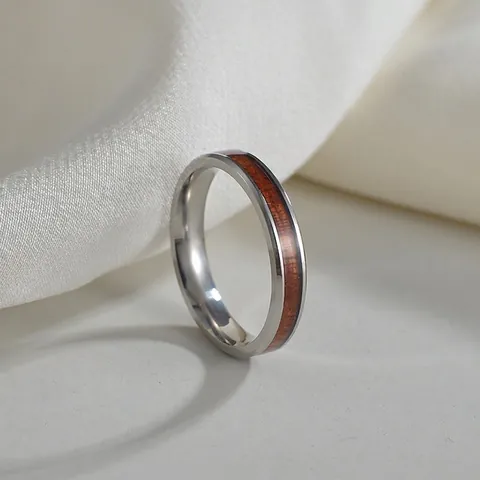 Anillo Vintage de Acero Inoxidable Con Incrustación de Madera Natural Para Hombre Mujer Pareja Anillo Geométrico Pulido Minimalista Joyería