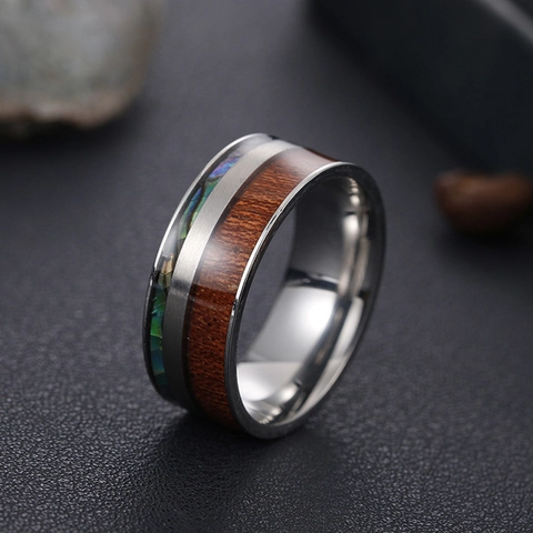 Unisex Vintage Stainless Steel Ring With Wood And Abalone Shell Inlay Geometric Polished Band Finger Jewelry Gift Accessory