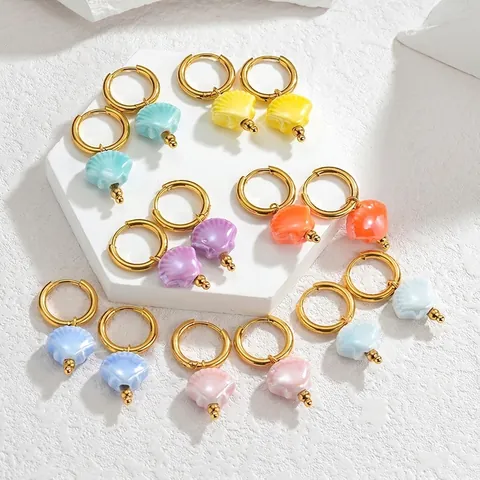 Zomer Oceaan Stijl Kleurrijke Keramische Schelp Hang oorbellen Roestvrij Stalen Ring Oorbellen Voor Vrouwen Sieraden