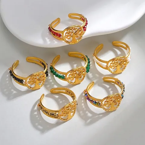 Anillo Abierto Árbol de la Vida de Acero Inoxidable Vintage para Mujer Cuentas de Colores Anillo Calado Joyería Ajustable