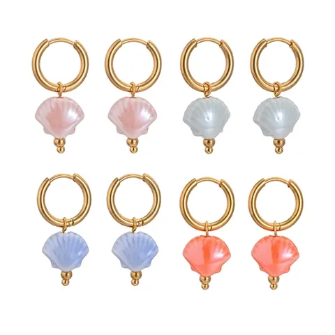 Zomer Oceaan Stijl Kleurrijke Keramische Schelp Hang oorbellen Roestvrij Stalen Ring Oorbellen Voor Vrouwen Sieraden