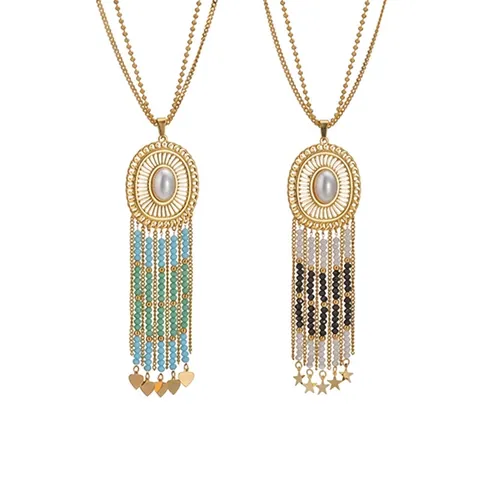 Collana con Pendente a Nappa Lunga Bohémien Acciaio Inossidabile Perla Artificial Sintetica Cavo Ovale Stile Etnico Donna Gioielli